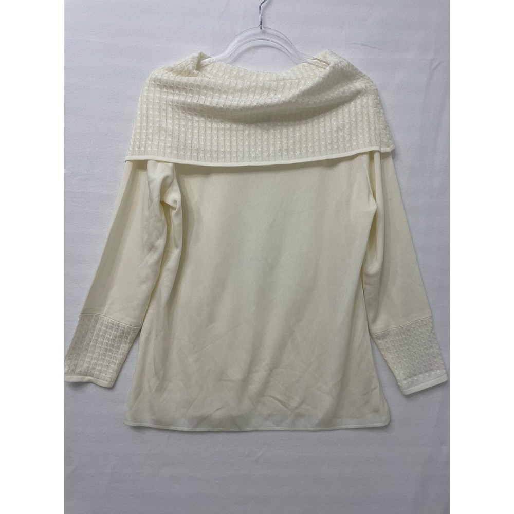 Misook Sweater Large White Ivory Knit Cowl Neck Cable Knit Elegant